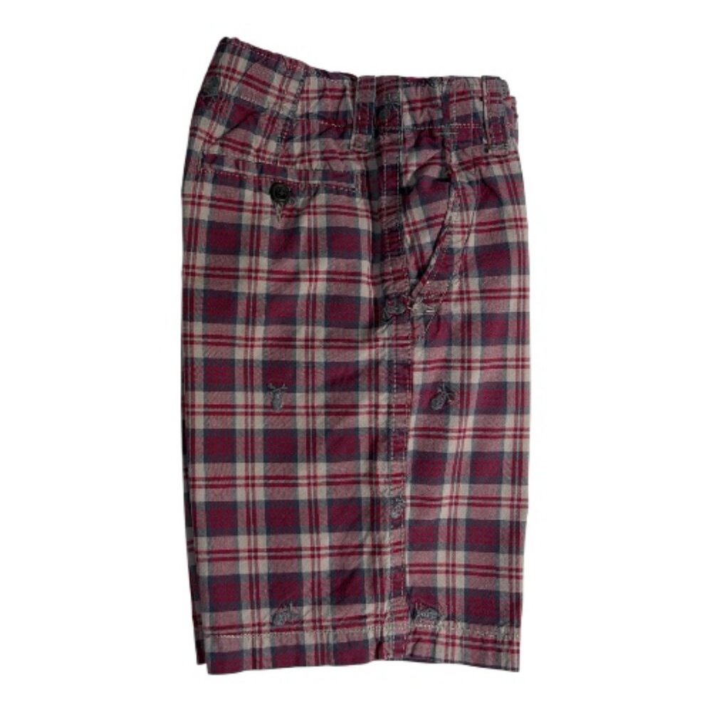 Gap Kids Embroidered Skull & Crossbones Shorts Boy's 8 Red Gray Plaid GUC
